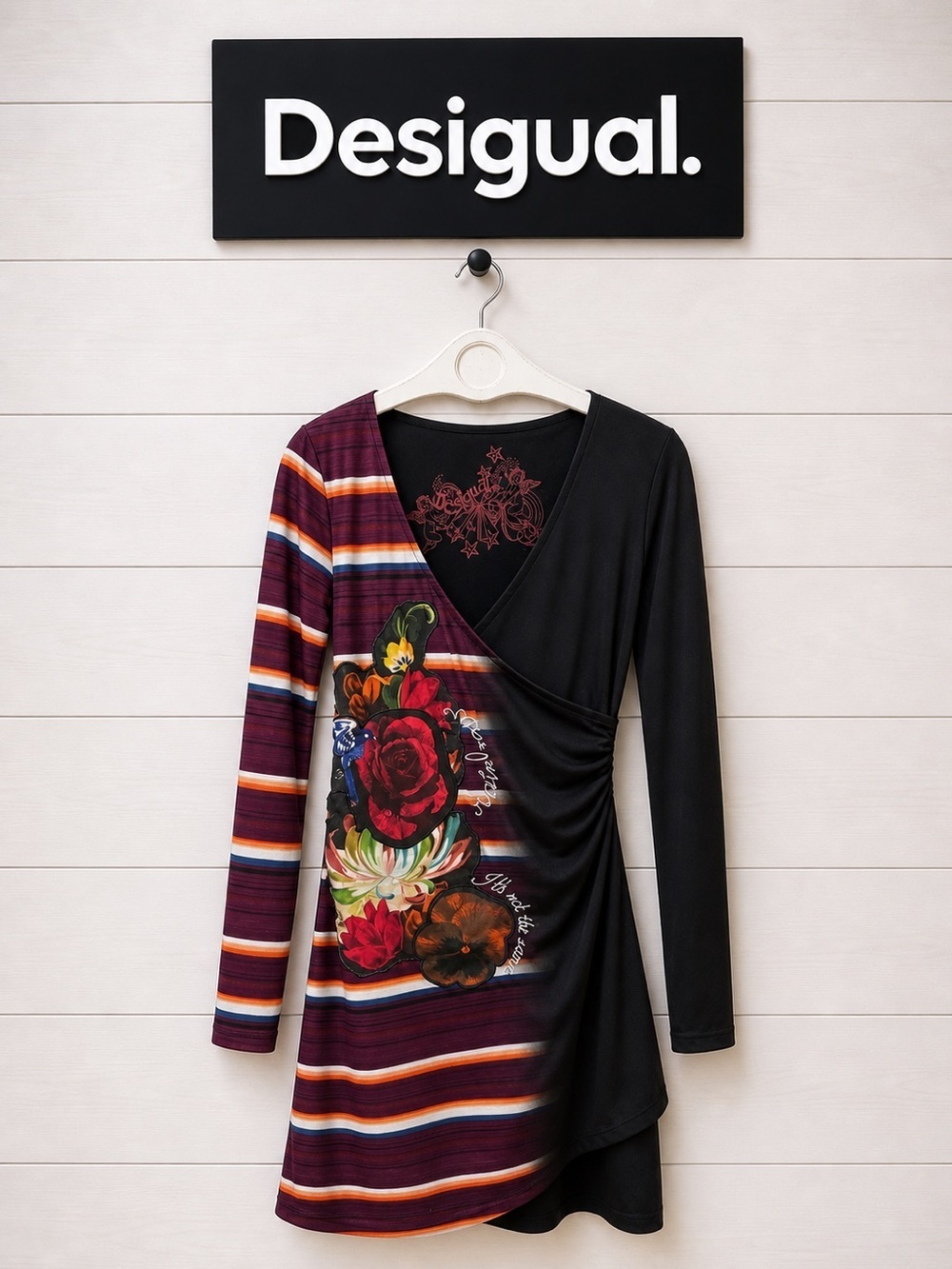 DESIGUAL Black & Multicolor Floral Stripe Wrap Dress Size S